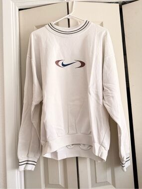 Nike White Crewneck Sweatshirt with Navy Swoosh and Brown Accents